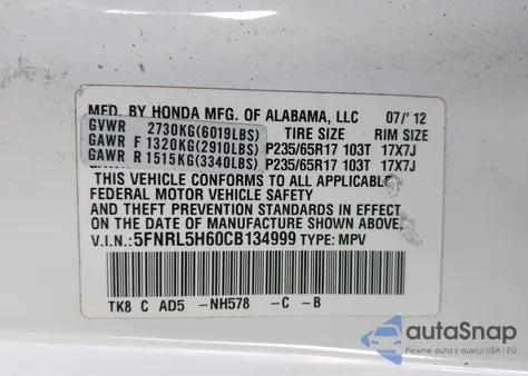 2012 Honda Odyssey Ex-L z USA, uszkodzony, nr VIN 5FNRL5H60CB134999